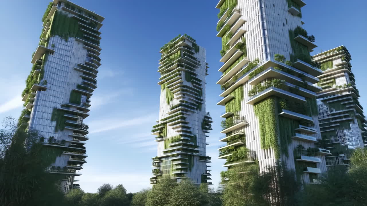Modern Green Skyscrapers with Vertical Gardens Against a Blue Sky