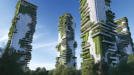 modern green skyscrapers with vertical gardens against a blue sky
