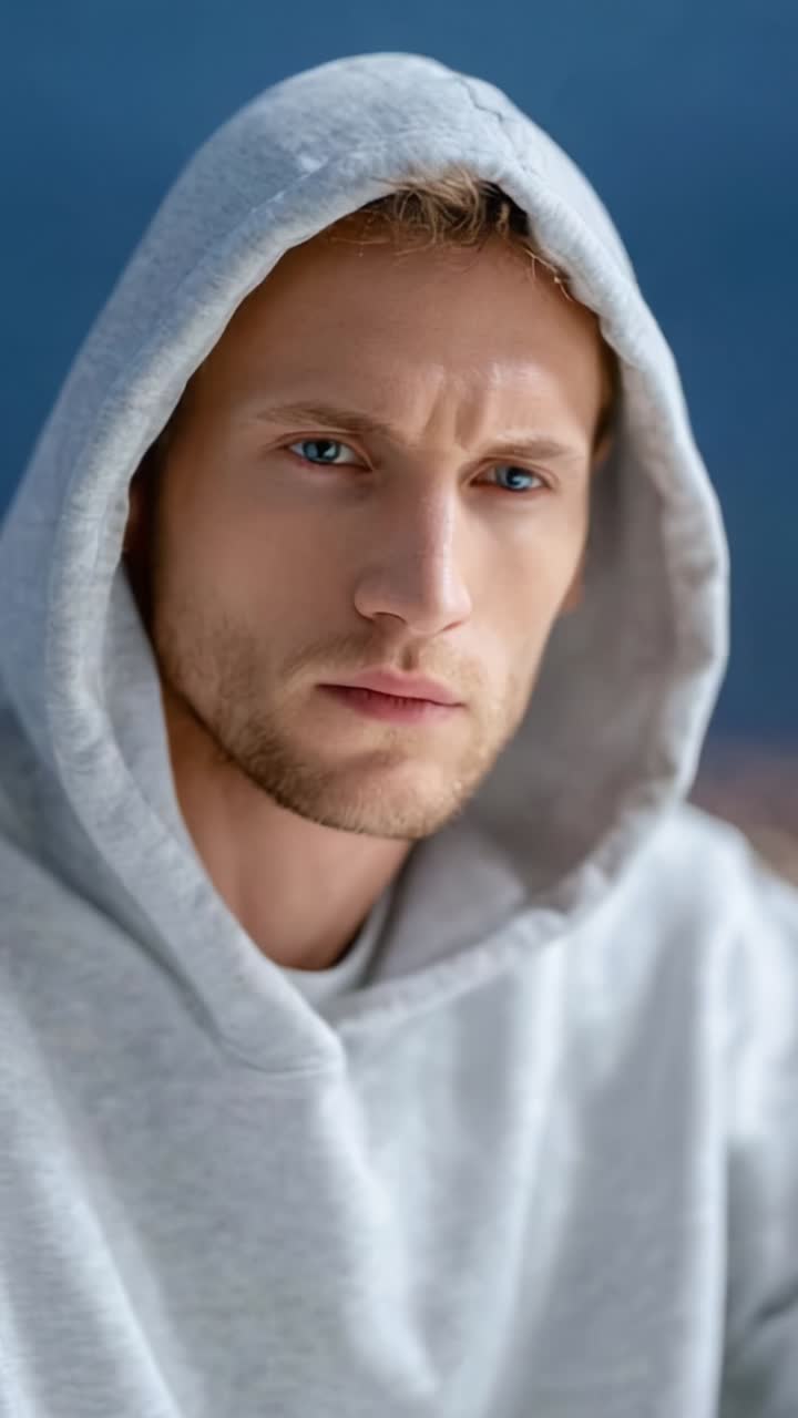 A contemplative young man in a gray hoodie gazes intently into the distance, reflecting a thoughtful mood, captured in a serene and atmospheric setting
