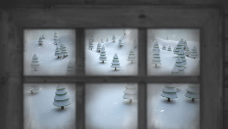 Wooden-window-frame-against-snow-falling-over-multiple-trees-on-winter-landscape