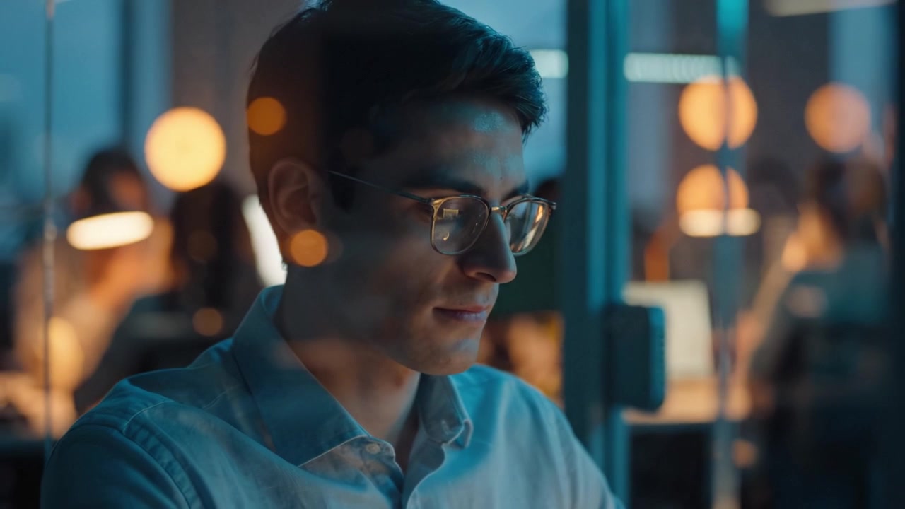 Focused Professional in Office Environment: A Glimpse into Contemplation and Productivity Amid Soft Ambient Lighting and Modern Workspaces.