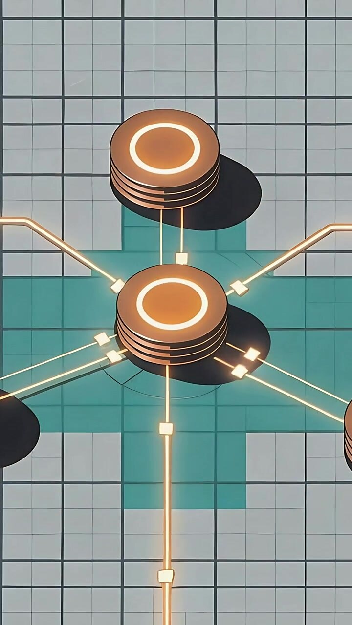 Vertical video: Signal starting disc pair pulsing vertical beam and wires over teal pad to link net