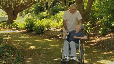 Man-walking-with-a-woman-in-a-wheelchair