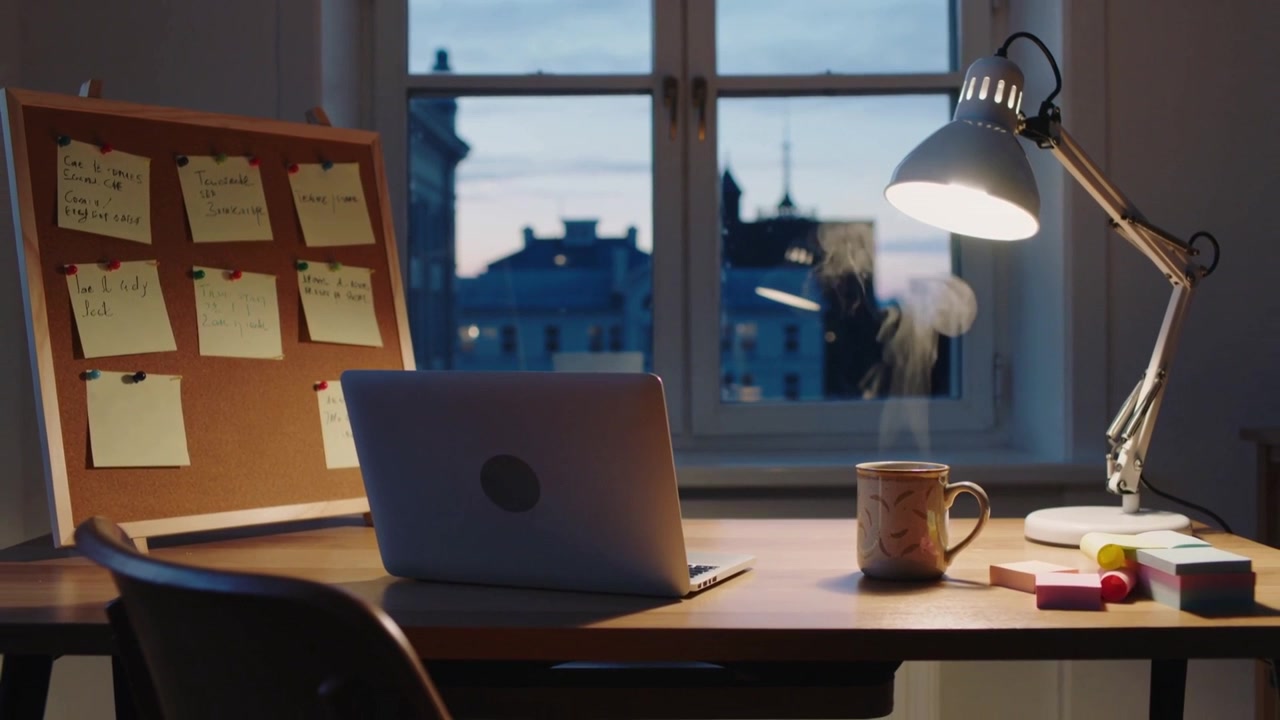 Ånga stiger från keramisk mugg som svalnar på träskrivbord i skymningen, laptop, lampa, korktavla med post-it-lappar