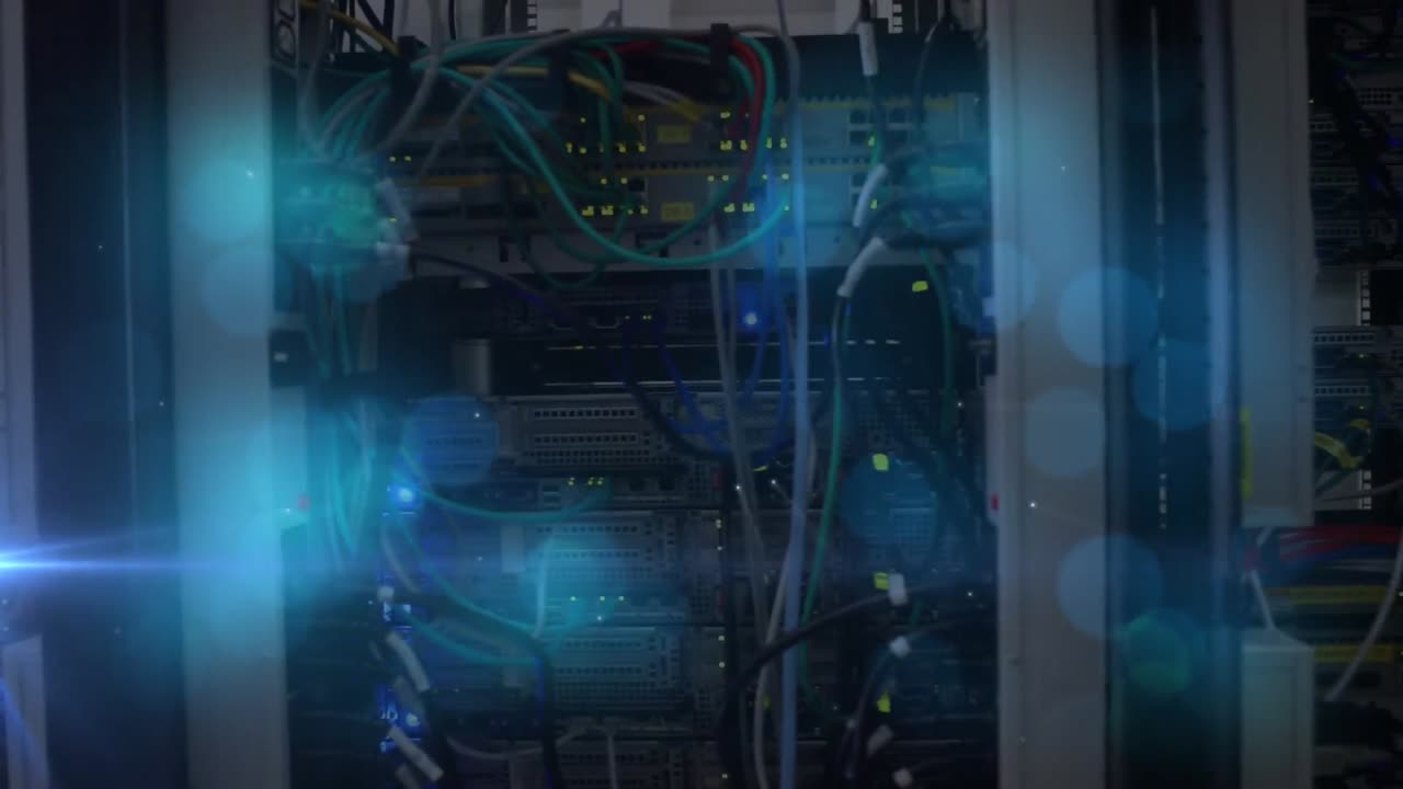 animación de puntos de luz azul sobre la sala del servidor