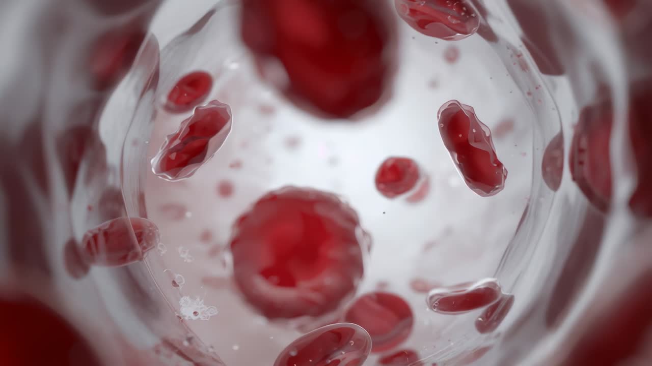 Cam moving red blood cell sliding through vessel plasma bubbles floating wall rippling showing flow