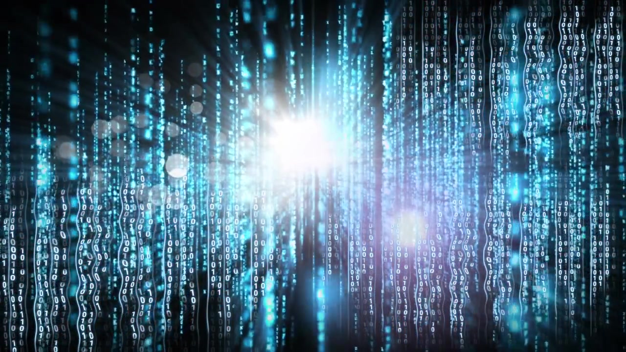 Animation of data processing and light spots over black background