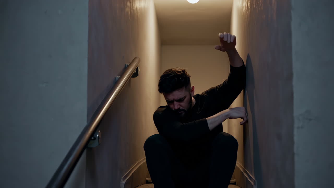 Man Sitting on Stairs in a Dark Hallway