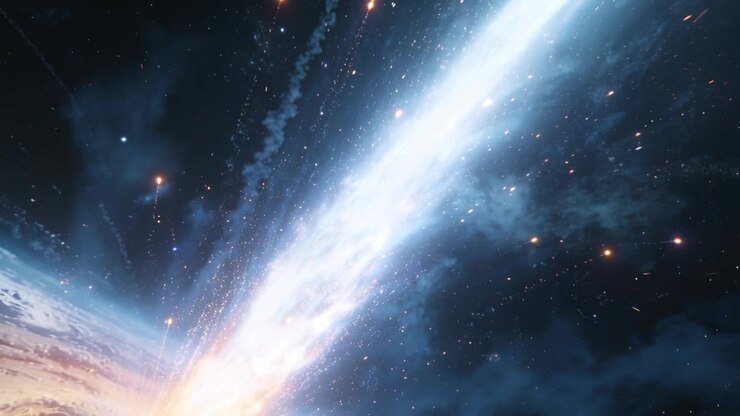 Nucleo luminoso fiammeggiante che emette una colonna di luce in espansione nello spazio profondo sopra un disco incandescente, con scintille