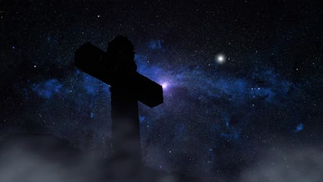 silhouette cross on a hill with glowing stars background