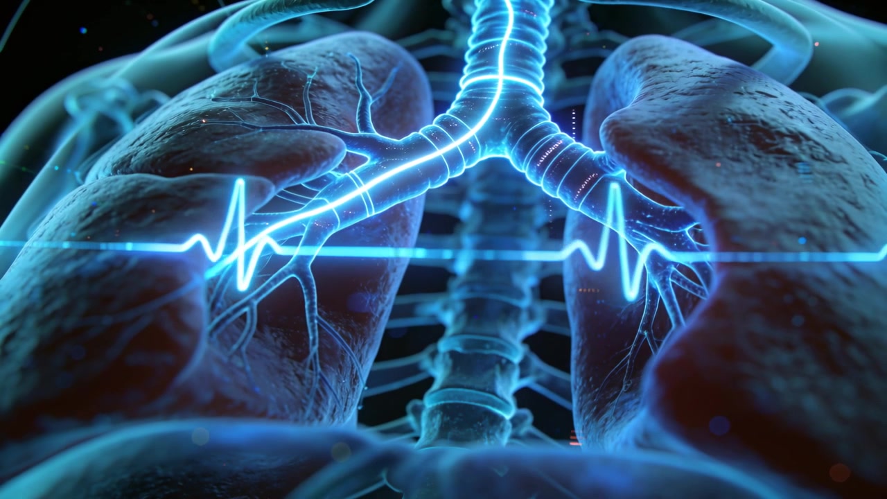 Coppia di polmoni pulsanti con trachea e bronchi che rispondono ai picchi dell'ECG in animazione 3D, a scopo didattico.