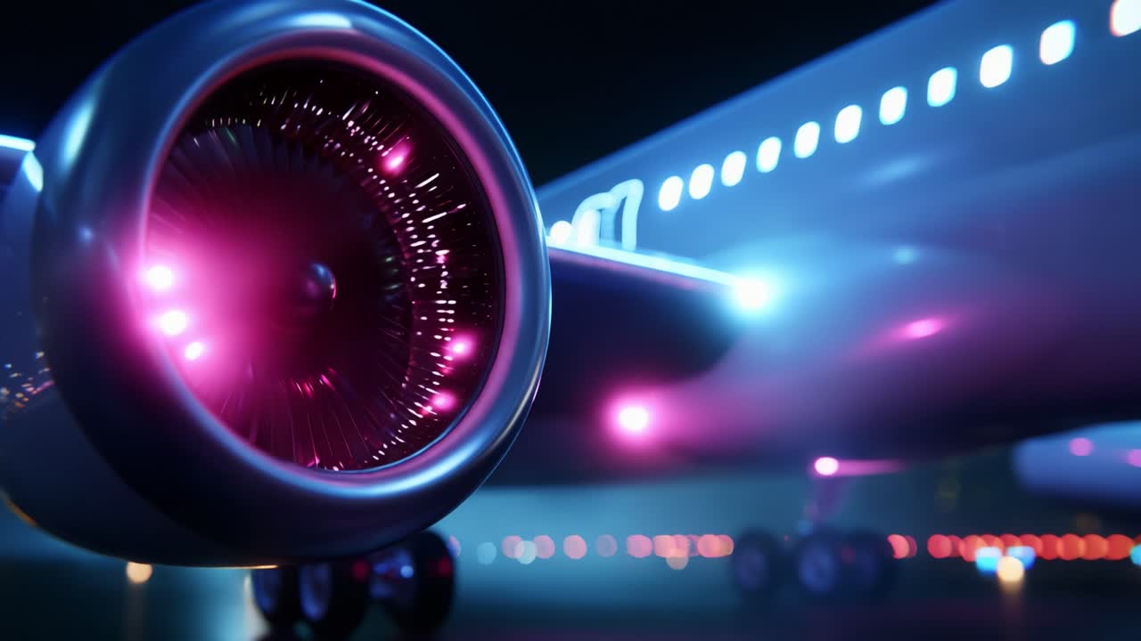 Futuristic Aircraft Engine Close-Up with Luminescent Effects Showcasing Advanced Technology and Innovative Design for Modern Aviation Aesthetics in a Nighttime Setting