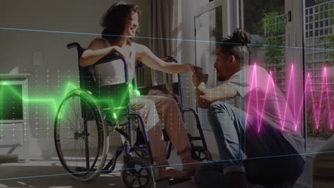Animation-of-neon-heart-rate-over-happy-biracial-couple,-woman-on-wheelchair