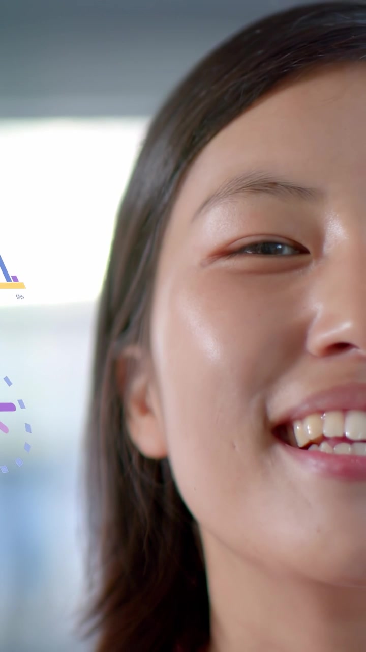 Vertical video: AR appearing, woman smiling while tech bars and clock shifting, revealing face