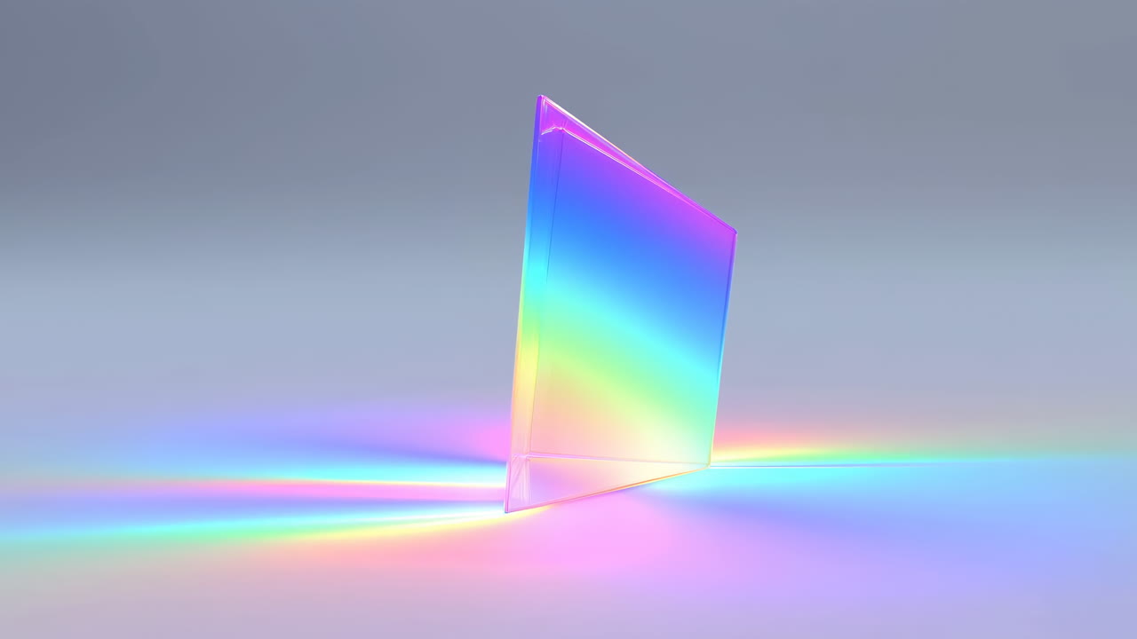 Iridescent Glass Prism On Studio Floor Casting Rainbow Spectrum Across Matte Surface, Soft Pastel Gradients,
