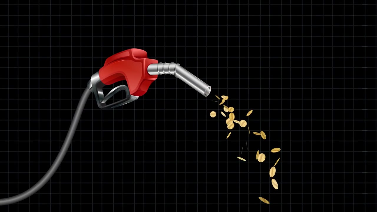 A red fuel nozzle pours gold coins over a rising and falling candlestick stock chart