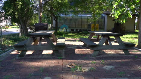 picnic tables in a park area