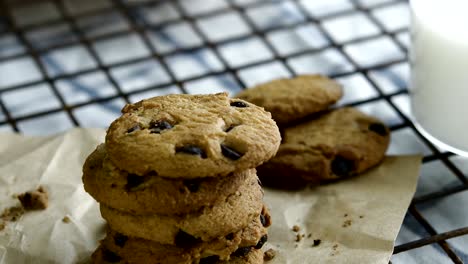 chocolate chip cookies and glass of milk for breakfast. 4k close-up shot