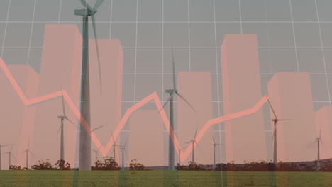animation of statistical data processing over spinning windmill on grassland against grey sky