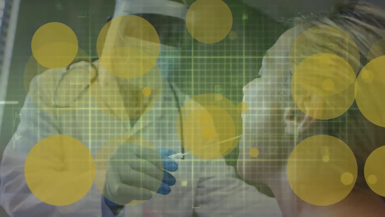 노란 반점과 심박수 모니터와 아프리카계 미국인 남성 의사가 코로나19 검사를 수행하고 있습니다.