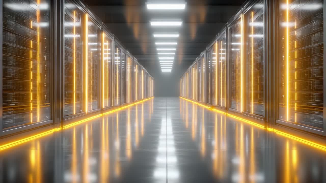 Una vista mozzafiato di un moderno centro dati con eleganti rack di server illuminati da vivaci luci arancioni, creando un'atmosfera di sofisticazione tecnologica ed efficienza