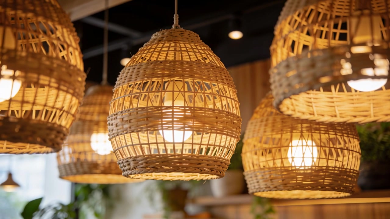 Mettendo a fuoco più da vicino una lampada a sospensione in vimini intrecciato in un caffè, con lampadine a luce calda.