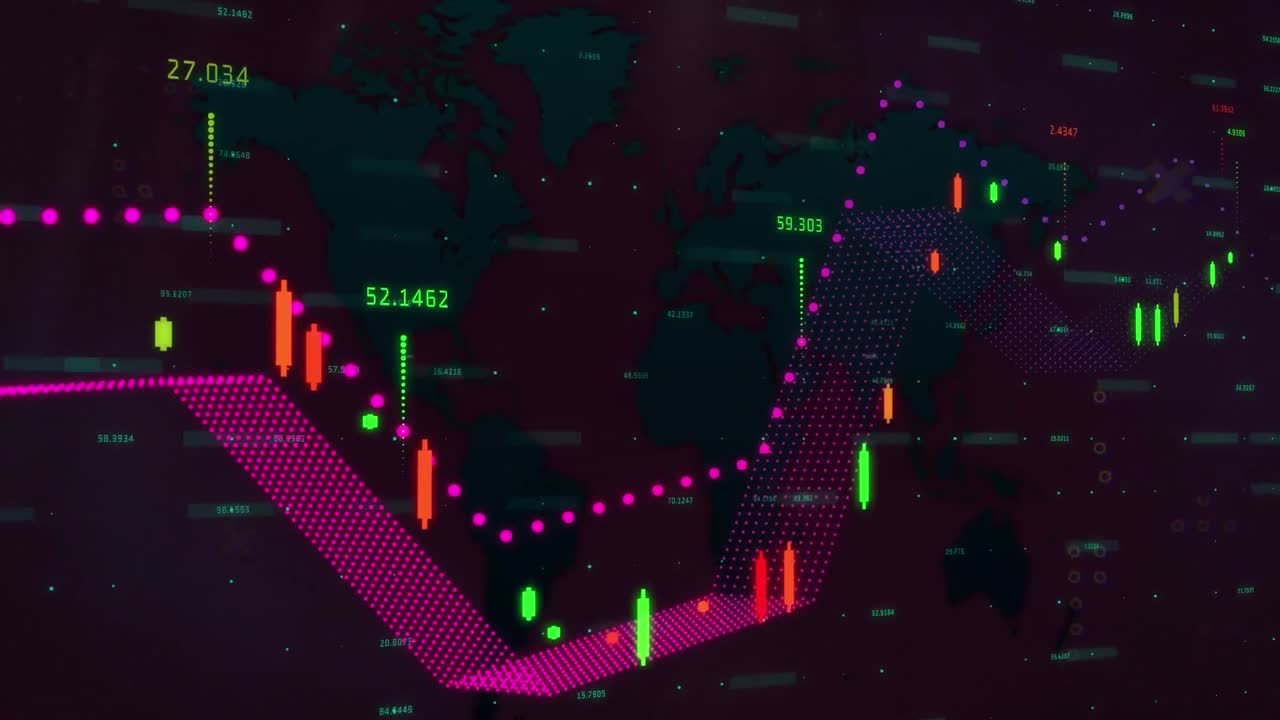 animación de múltiples gráficos con números cambiantes sobre el mapa contra un fondo negro