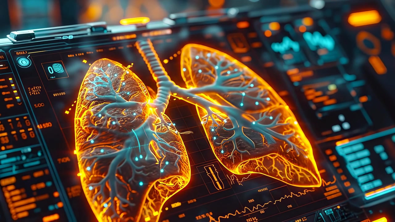 Detailed lung anatomy display. The screen shows a digital model of human lungs with glowing features. Various metrics appear next to the lungs.