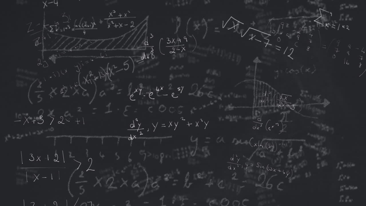 Animation of mathematical equations, formulas and diagrams floating against grey background