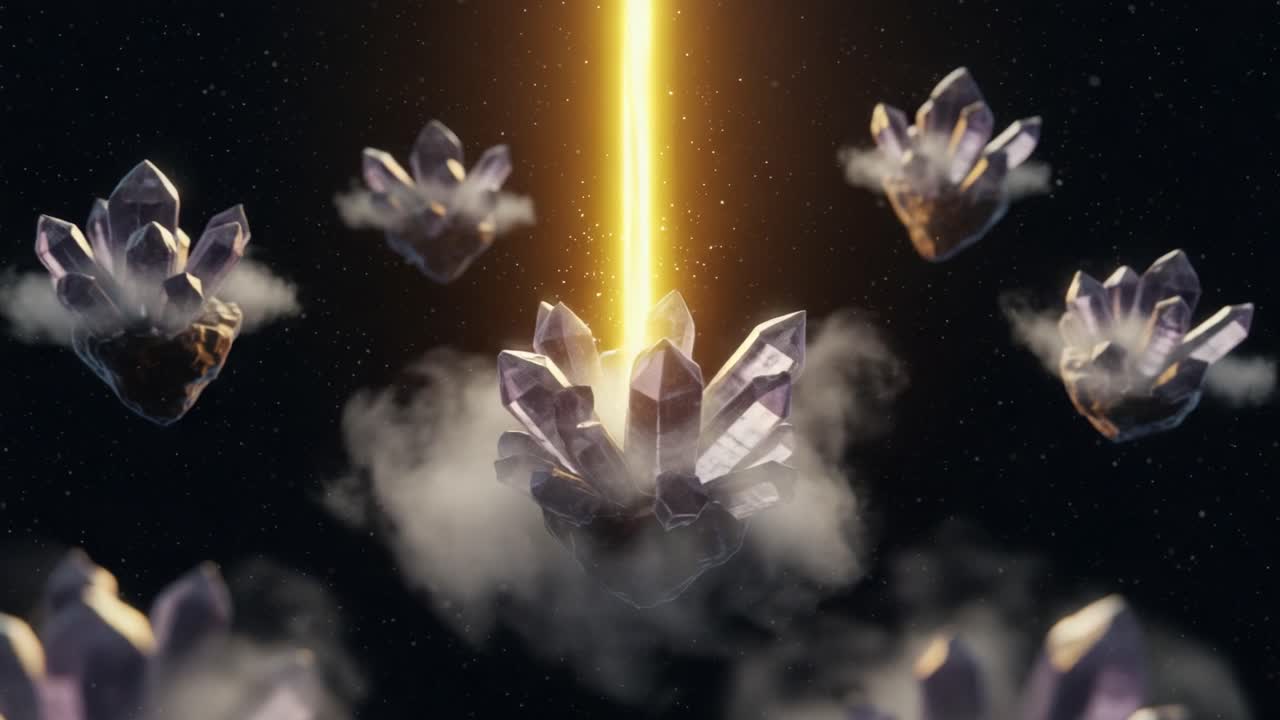 A Stunning Display of Ethereal Crystals Surrounded by Mysterious Clouds and Illuminated by a Golden Beam of Light in a Cosmic Background