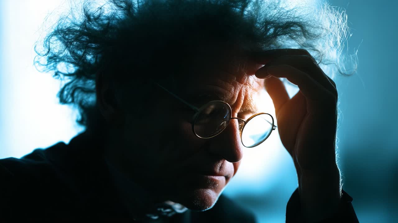A contemplative figure with wild hair and round glasses, lost in thought, illuminated by a soft glow, captures moments of introspection and creativity in a shadowy setting