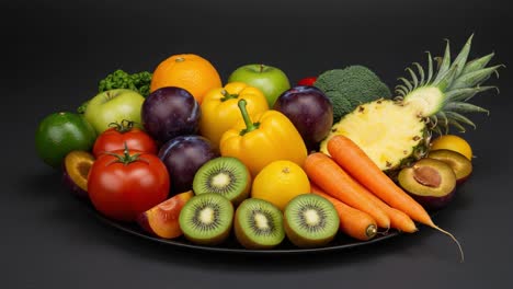 a colorful display of fresh fruits and vegetables showcasing a variety of natural produce on a black background for a healthy lifestyle