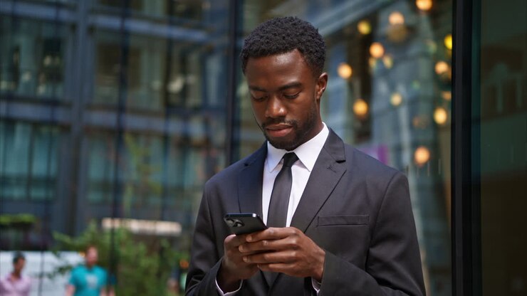 Giovane uomo d'affari in giacca e cravatta che usa lo smartphone fuori dagli uffici nel distretto finanziario della City di Londra, Regno Unito, ripreso in tempo reale