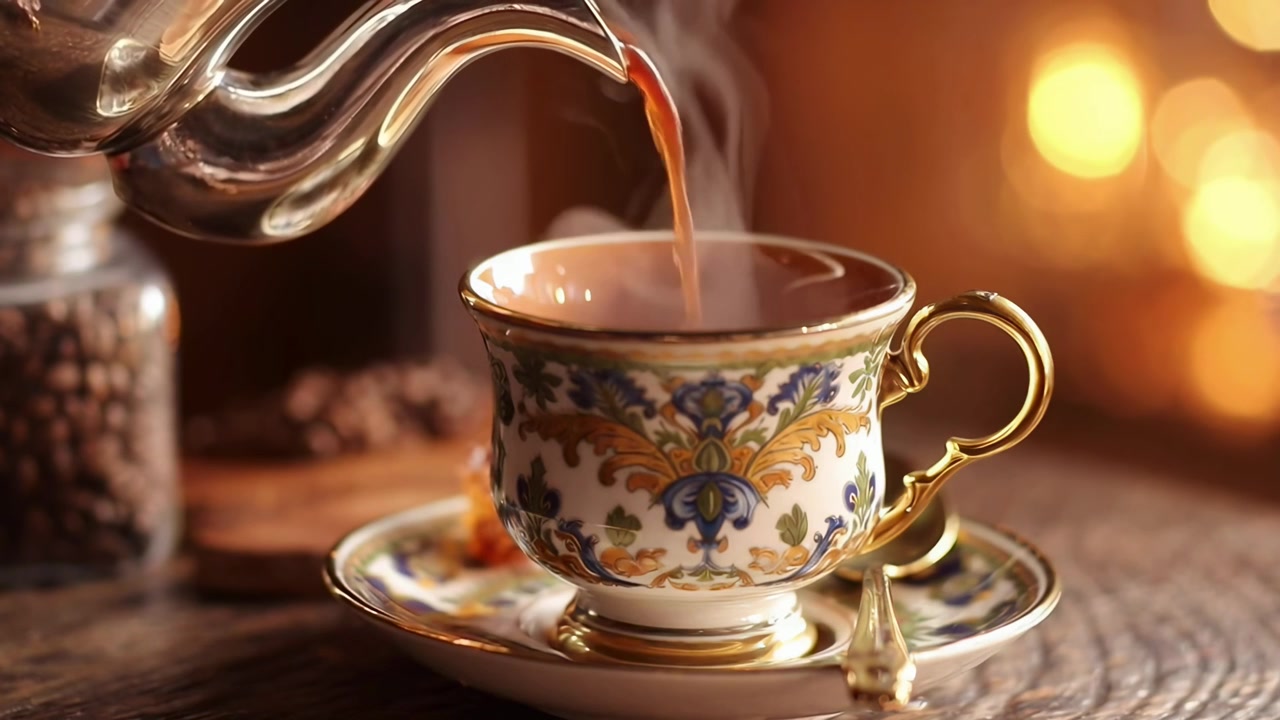 Caffè caldo fumante versato in una tazza elegante e decorata.