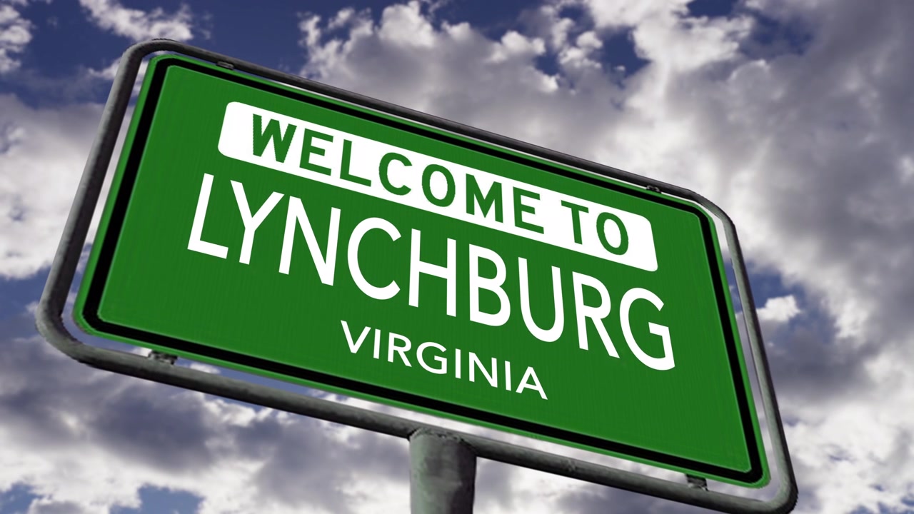 Welkom in Lynchburg, Virginia. Amerikaans stadsverkeersbord close-up, realistische 3D-animatie