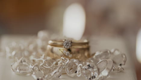 close-up of diamonds and engagement ring