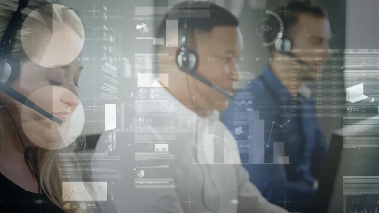 Animation of financial data processing over diverse business people with headsets