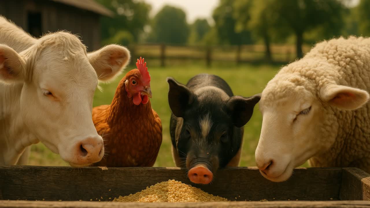 Ein Video-Frame in Nahaufnahme zeigt eine Kuh, ein Huhn, ein Schwein und ein Schaf, die an einem sonnigen Tag gemeinsam an einem Trog fressen
