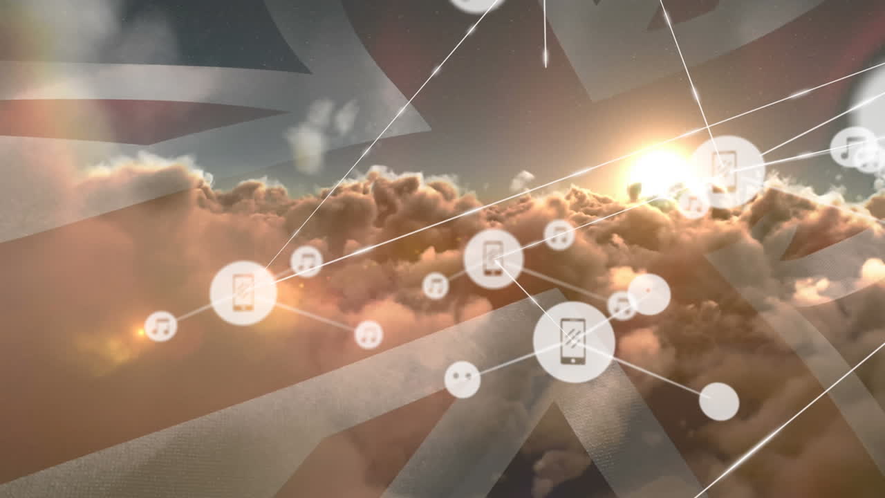 하늘의 구름에 대항하여 영국  ⁇ 발을 흔드는 디지털 아이콘의 네트워크