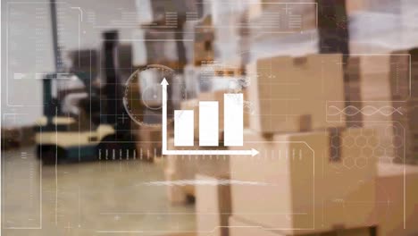 Bar-graph-icon-and-digital-interface-with-data-processing-against-stack-of-boxes-at-warehouse