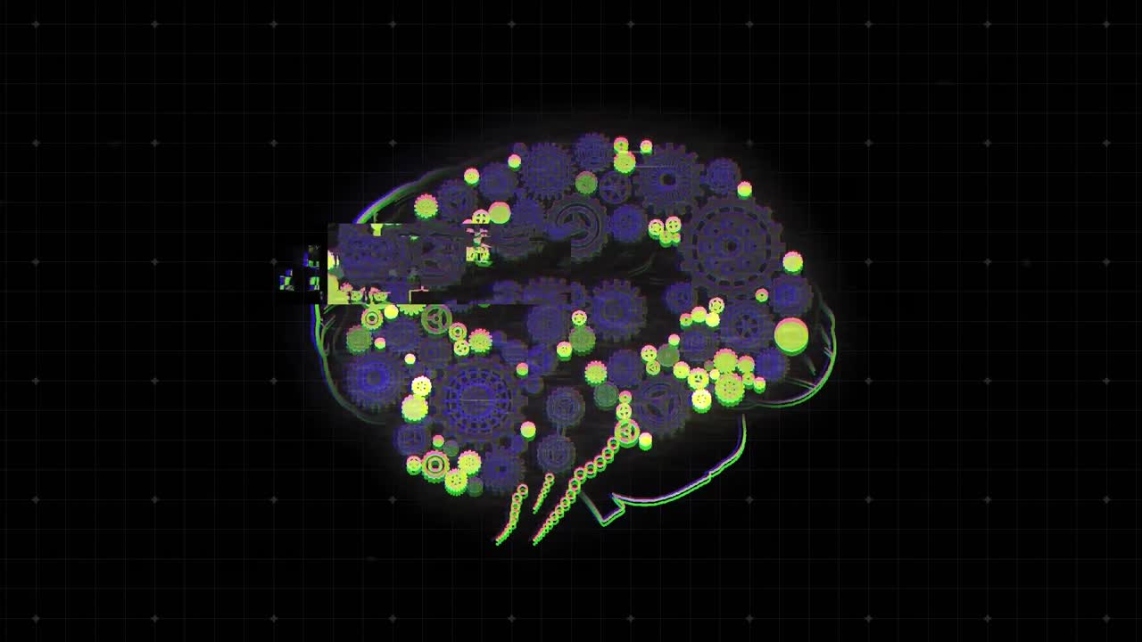 animación digital del efecto de falla sobre el icono del cerebro humano contra un fondo negro