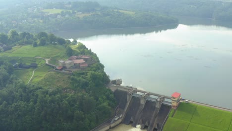 doboszyce castle and water dam 2 near cracow, poland water,dam,lake,green,tree,fog,trees,blue