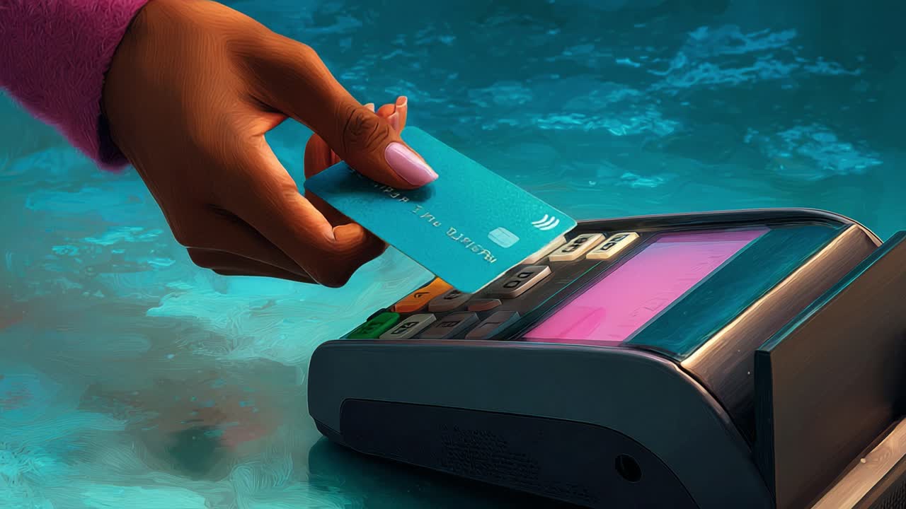 A hand approaches a payment terminal, preparing to complete a transaction with a credit card on a smooth, colorful background, showcasing the essence of modern digital payments