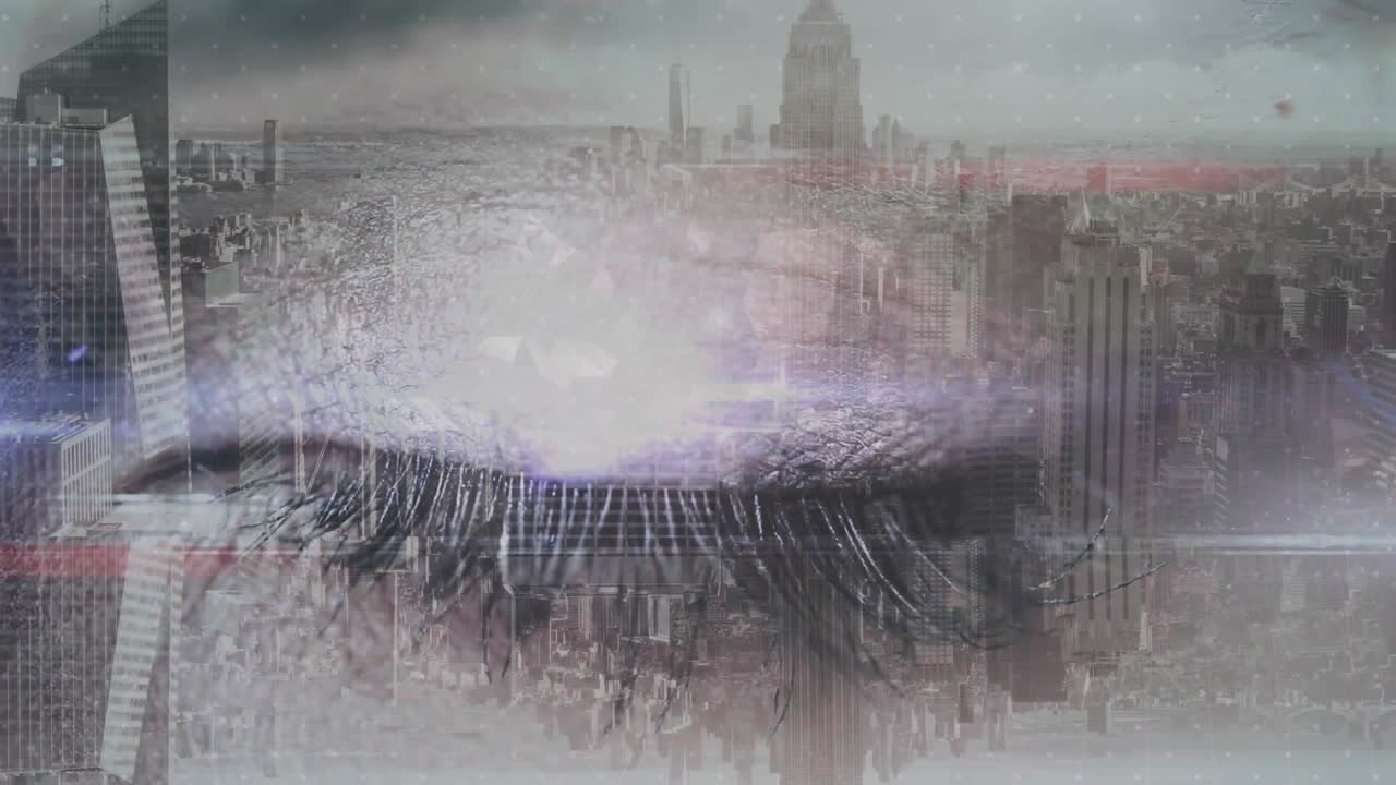 Closed eye holding city overlay, ripple starting and eyelid lifting, eye opening showing urban core
