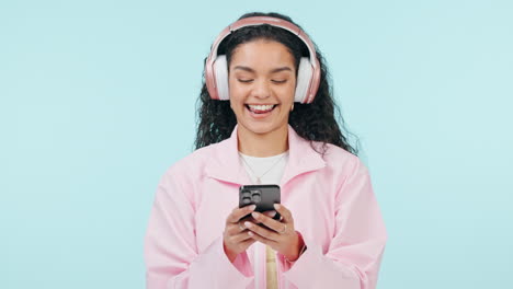 dance music, phone and happy woman on headphones