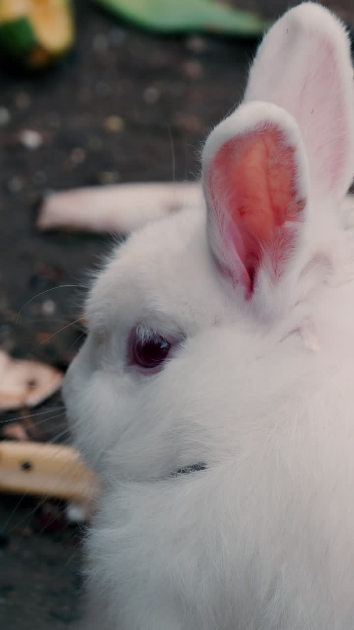 Close up of a white rabbit sitting near food on the ground. Vertical