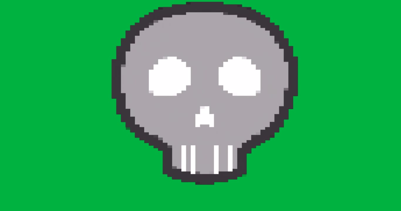 Grafico che crea un'icona di teschio pixelata su sfondo trasparente per il gaming, con effetto glitch.