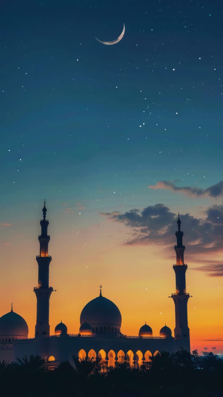 A stunning low-angle video frame of a mosque silhouette at sunset, with a crescent moon and stars