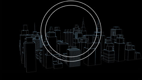 animation of circles over 3d cityscape spinning on black background