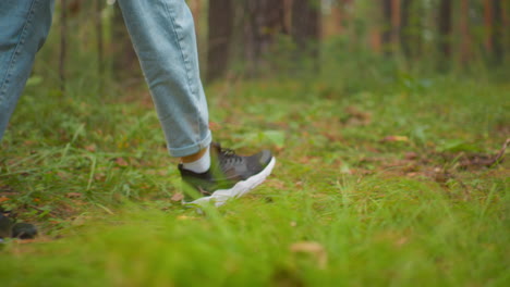 close-up of woman's feet walking on forest floor, wearing black sneakers and light jeans, moving through lush greenery, ground covered with leaves and small plants